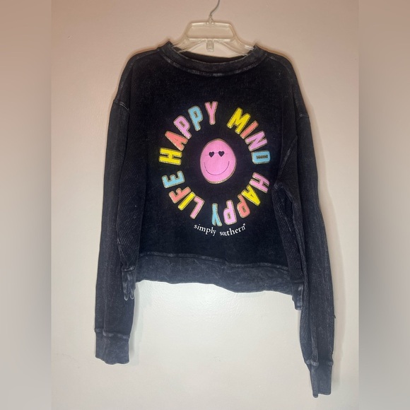Simply Southern Boxy Ribbed Black Washed Sweatshirt Small Oversized Happy Face - Picture 2 of 7